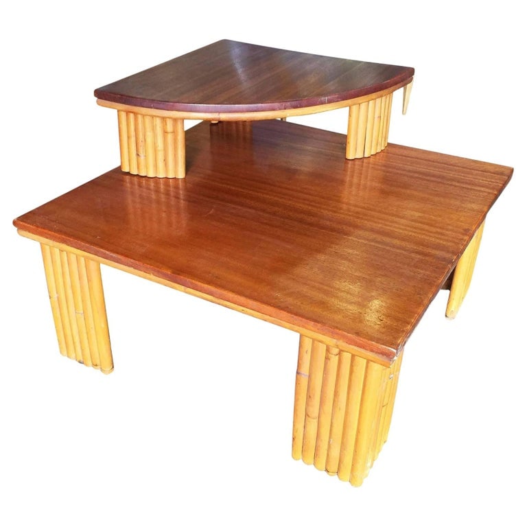 Restored Two-Tier Stacked Rattan Leg Corner Table W/ Mahogany Top - 2