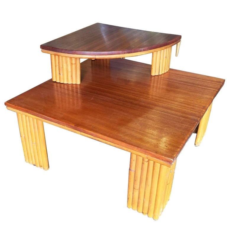 Restored Two-Tier Stacked Rattan Leg Corner Table W/ Mahogany Top - 8