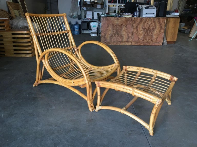 Restored Two-Strand Slope Seat Rattan Chaise Lounge With Ottoman - 4