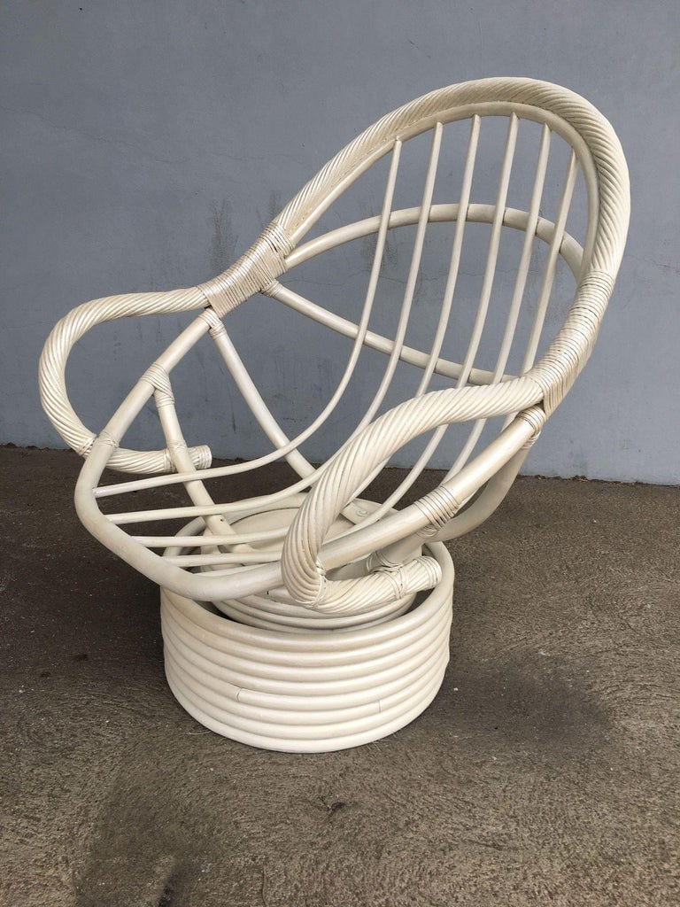 Restored White Rattan Bucket Lounge Chair W/ Swivel Base - 10