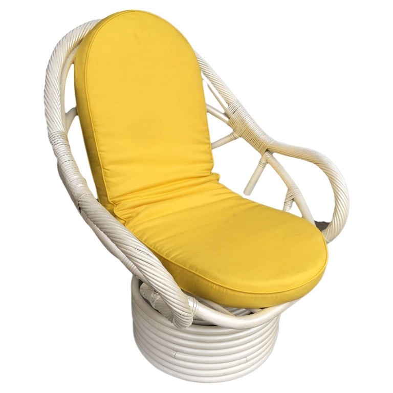 Restored White Rattan Bucket Lounge Chair W/ Swivel Base - 2