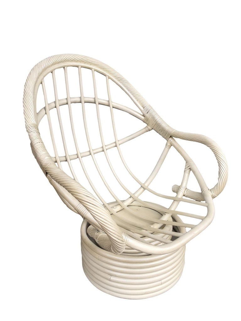 Restored White Rattan Bucket Lounge Chair W/ Swivel Base - 3