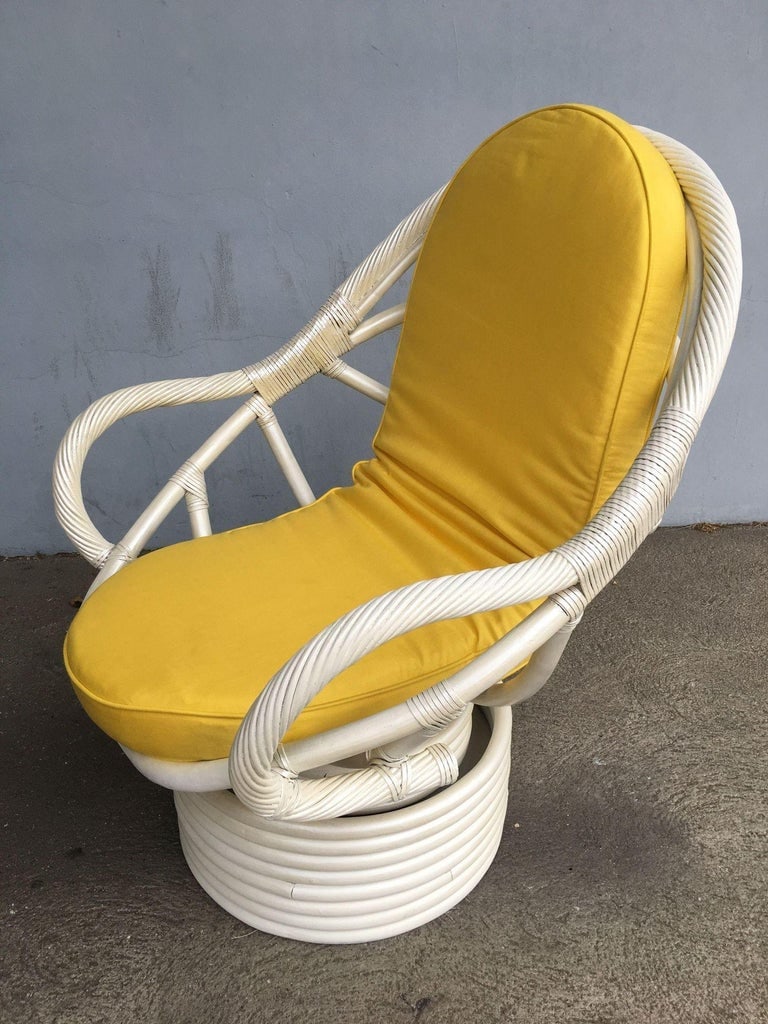 Restored White Rattan Bucket Lounge Chair W/ Swivel Base - 4