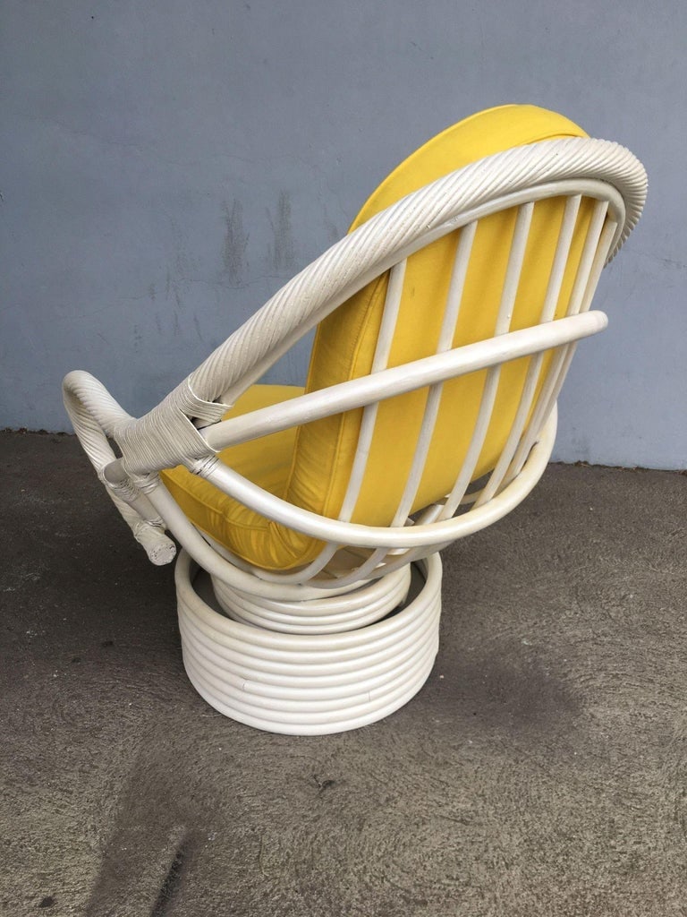 Restored White Rattan Bucket Lounge Chair W/ Swivel Base - 5