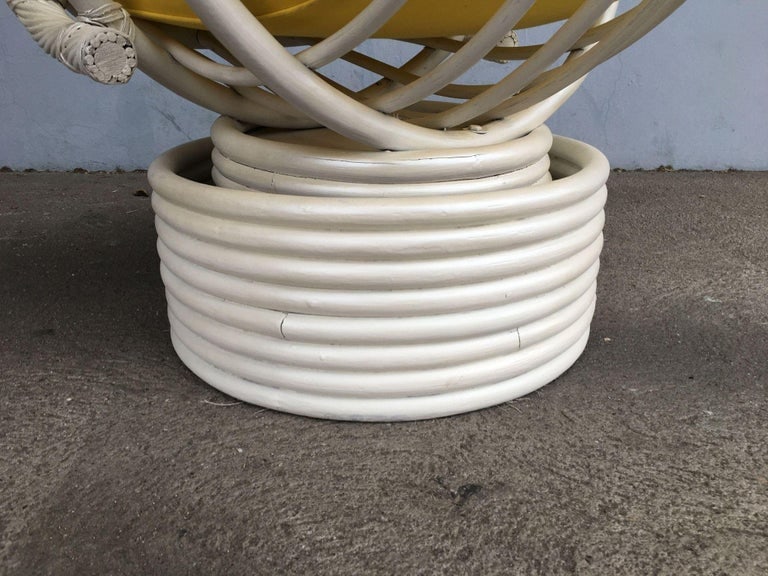 Restored White Rattan Bucket Lounge Chair W/ Swivel Base - 7