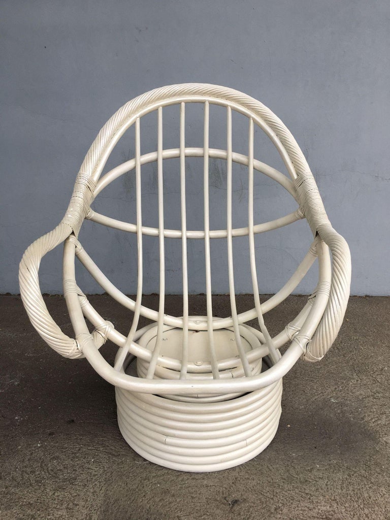 Restored White Rattan Bucket Lounge Chair W/ Swivel Base - 9