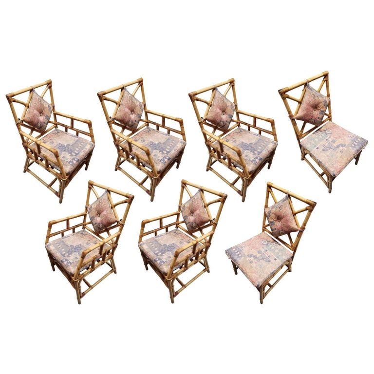 Restored Rattan Chippendale Style Dining Chairs with Diamond Back, Set of 7 - 2