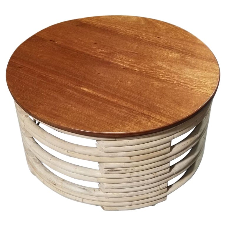 Restored Rattan White Natural Wood Stacked Round Coffee Table with Mahogany Top - 2