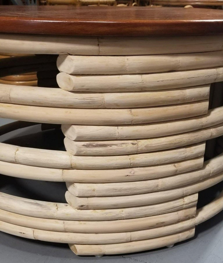 Restored Rattan White Natural Wood Stacked Round Coffee Table with Mahogany Top - 3