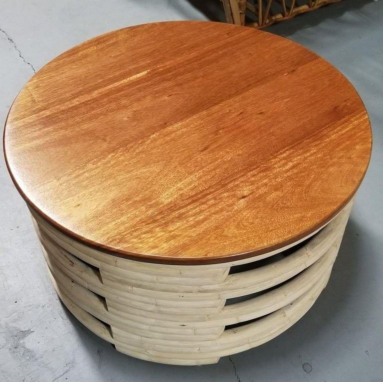 Restored Rattan White Natural Wood Stacked Round Coffee Table with Mahogany Top - 5