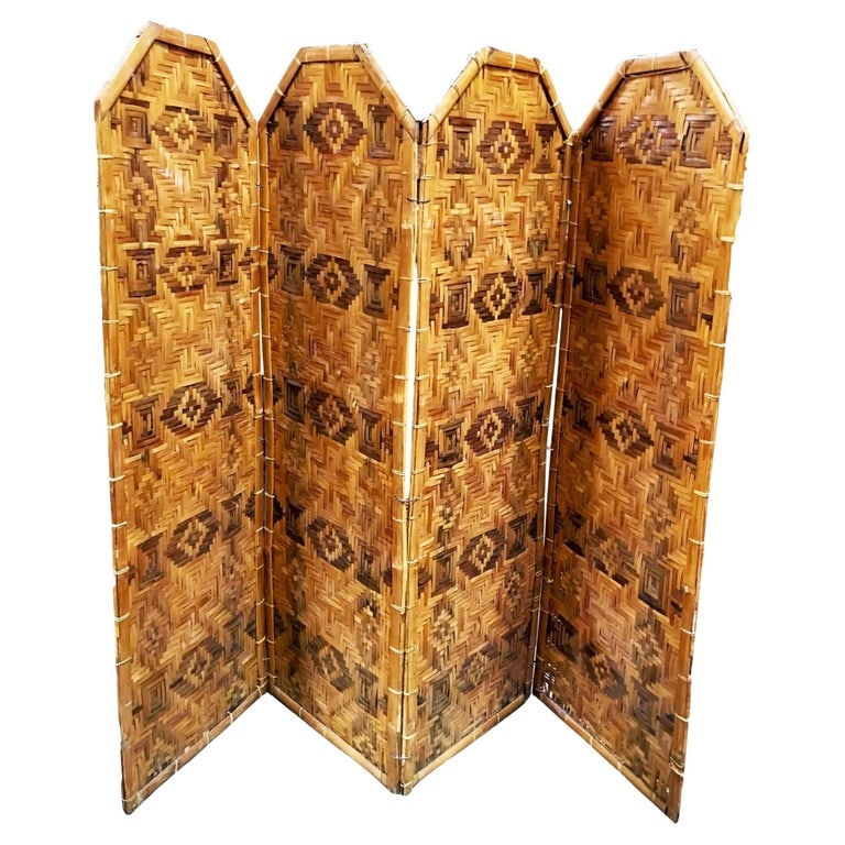 Restored Bamboo & Woven Wicker 4 Panel Folding Screen , 1920 - 2