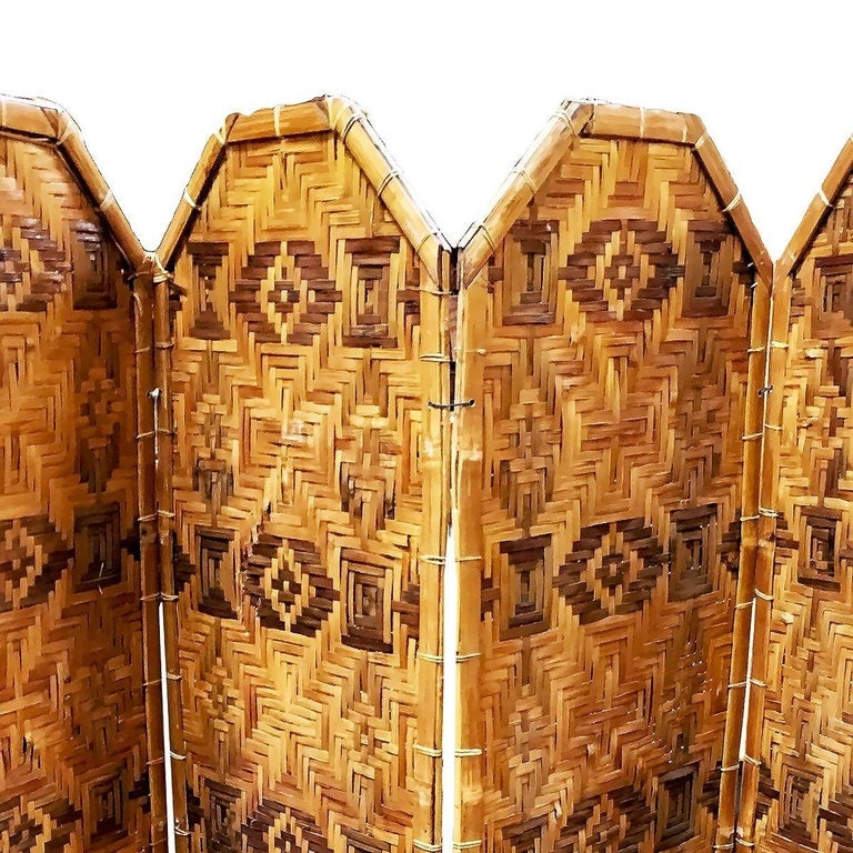 Restored Bamboo & Woven Wicker 4 Panel Folding Screen , 1920 - 4