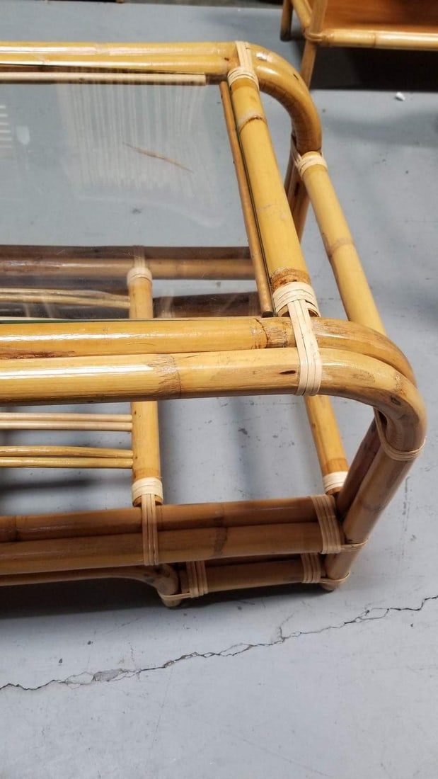 Restored 2-Tiered Rattan Coffee Table w/ Glass Top - 6