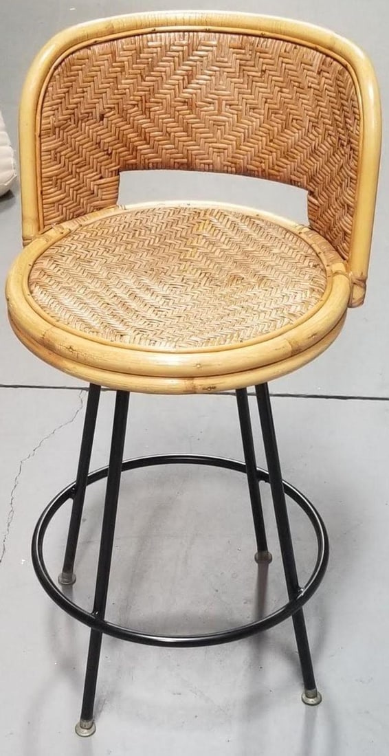 Restored Rattan & Wicker Swivel Bar Stool w/ Iron Base, Seng of Chicago - 3