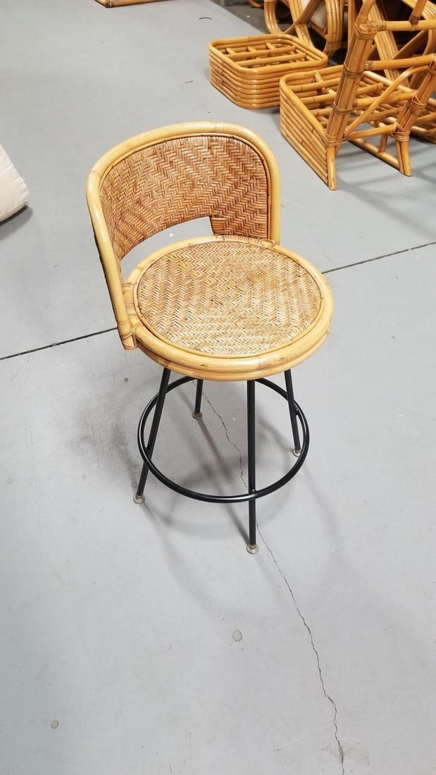 Restored Rattan & Wicker Swivel Bar Stool w/ Iron Base, Seng of Chicago - 4