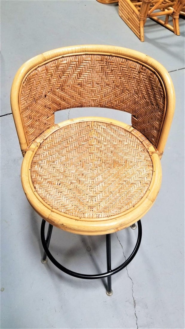 Restored Rattan & Wicker Swivel Bar Stool w/ Iron Base, Seng of Chicago - 5