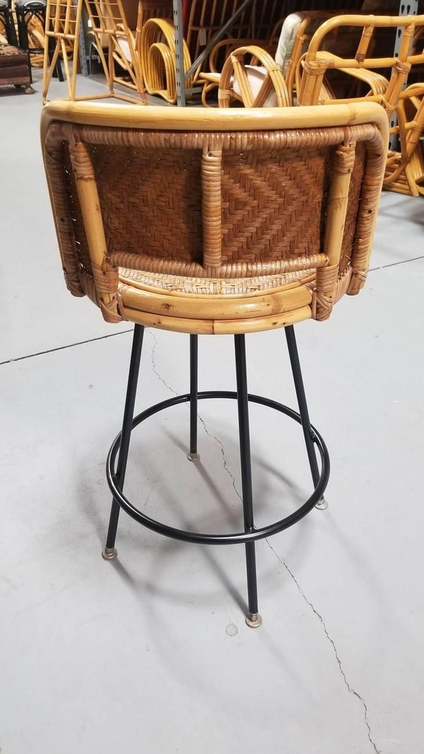 Restored Rattan & Wicker Swivel Bar Stool w/ Iron Base, Seng of Chicago - 6