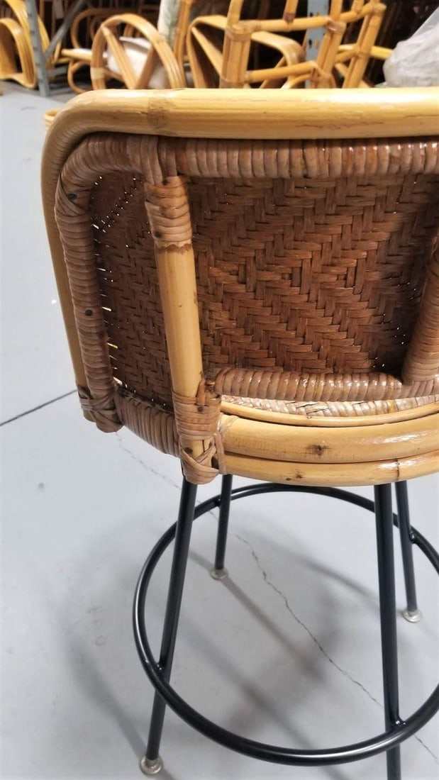 Restored Rattan & Wicker Swivel Bar Stool w/ Iron Base, Seng of Chicago - 7