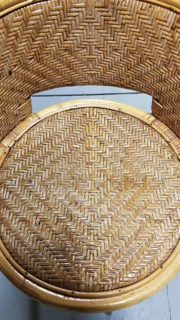 Restored Rattan & Wicker Swivel Bar Stool w/ Iron Base, Seng of Chicago - 8