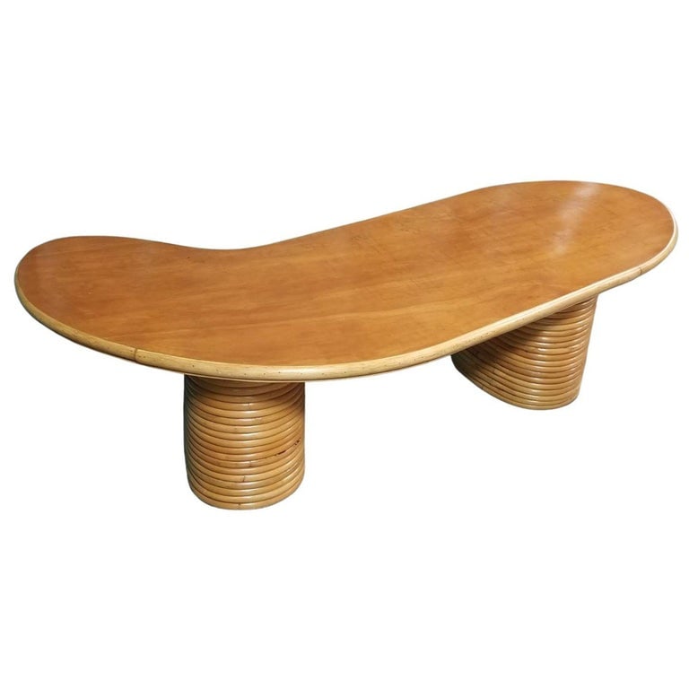 Restored Rattan & Mahogany Asymmetric "J" Coffee Table - 2