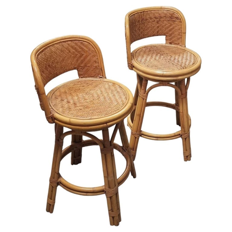 Restored Rattan & Wicker Swivel Bar Stool Set of 2 - 2
