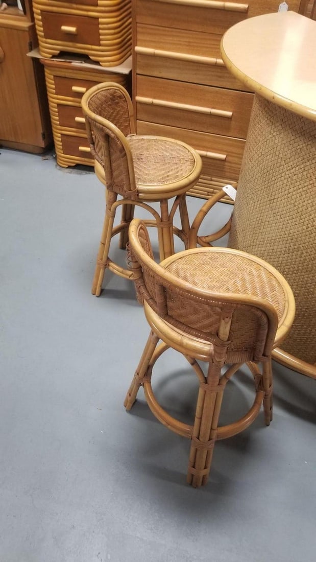 Restored Rattan & Wicker Swivel Bar Stool Set of 2 - 7