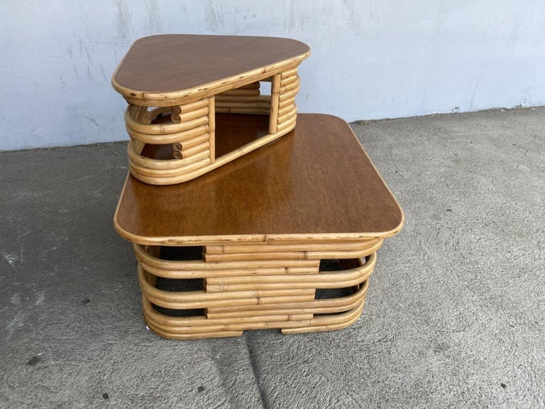 Restored Stacked Two-Tier Rattan Corner Side Table - 3
