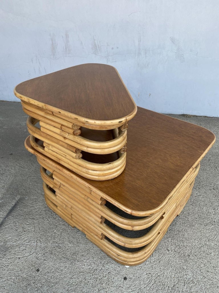 Restored Stacked Two-Tier Rattan Corner Side Table - 4
