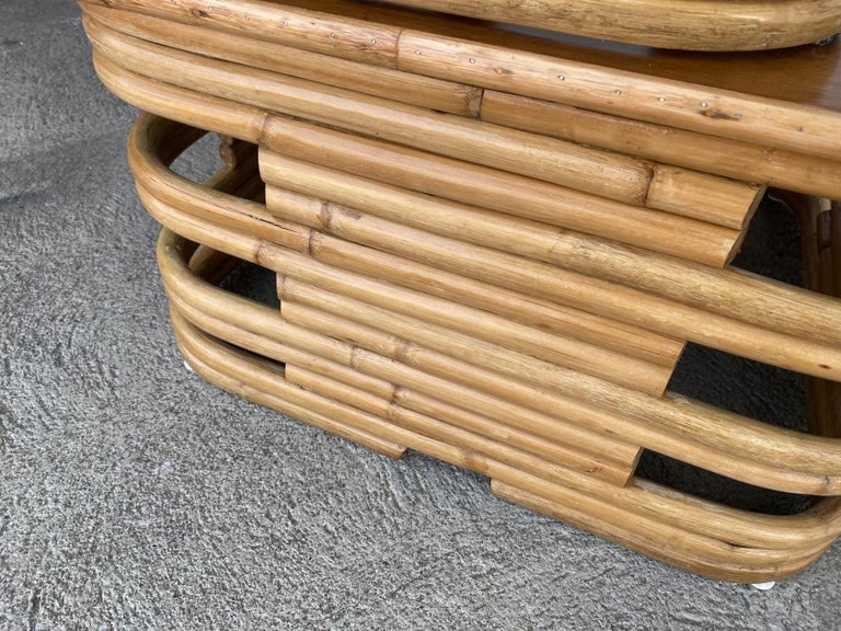 Restored Stacked Two-Tier Rattan Corner Side Table - 6