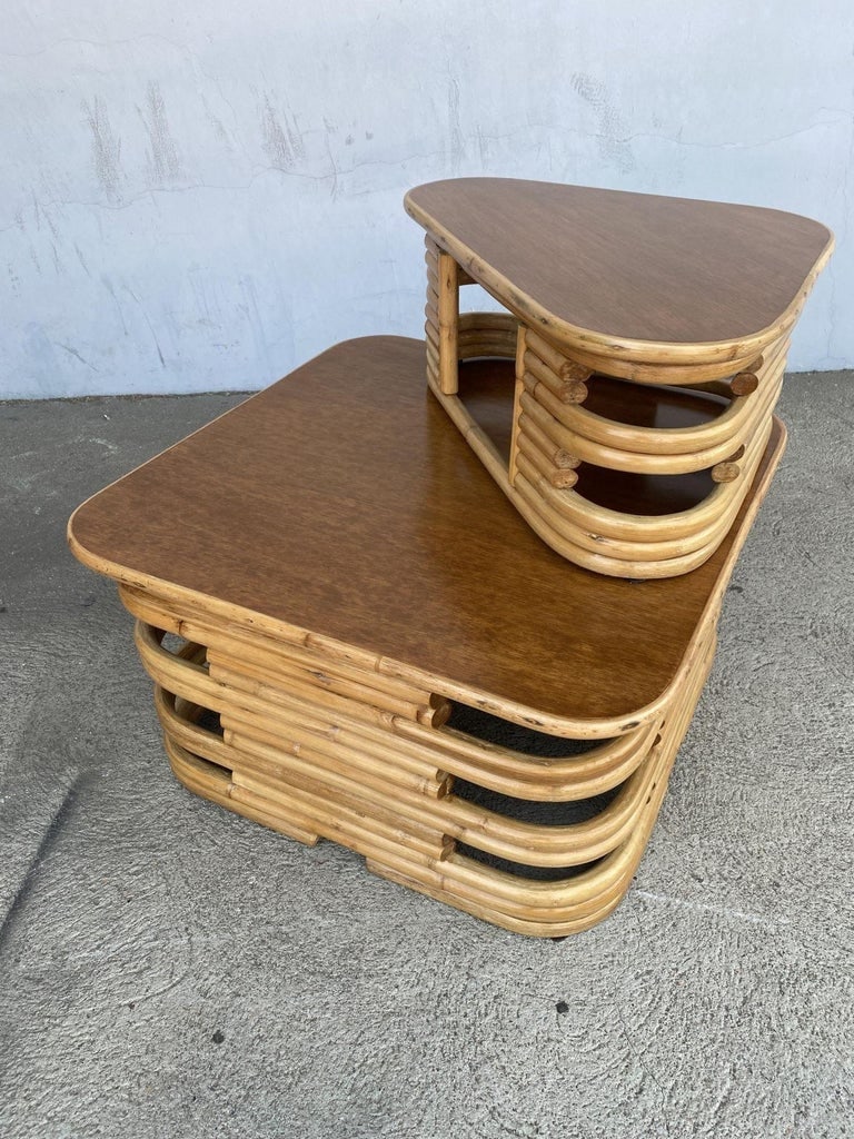 Restored Stacked Two-Tier Rattan Corner Side Table - 7