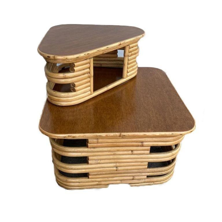 Restored Stacked Two-Tier Rattan Corner Side Table - 8