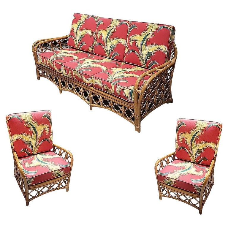 Restored Mid Century Lattice Rattan Sofa & Lounge Chair Livingroom Set (1 of 7)
