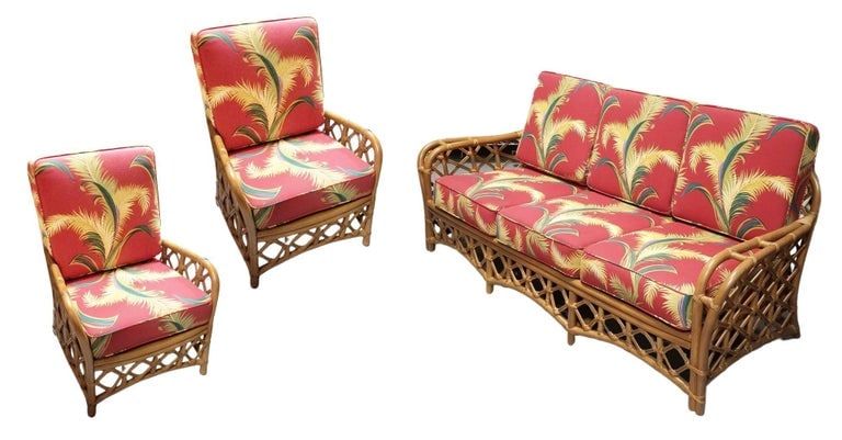 Restored Mid Century Lattice Rattan Sofa & Lounge Chair Livingroom Set - 3