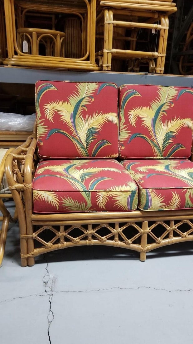 Restored Mid Century Lattice Rattan Sofa & Lounge Chair Livingroom Set - 4