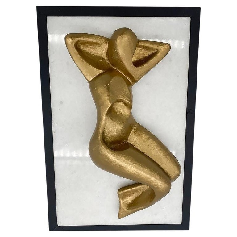 Abstract Nude Bronze Female Sculpture on white Marble Base: Unsigned bronze abstract nude fixed to a white marble base mounted to a black frame on a lazy Susan turntable base that can be rotated 360 degrees. The sculpture is designed to be set on a table and v