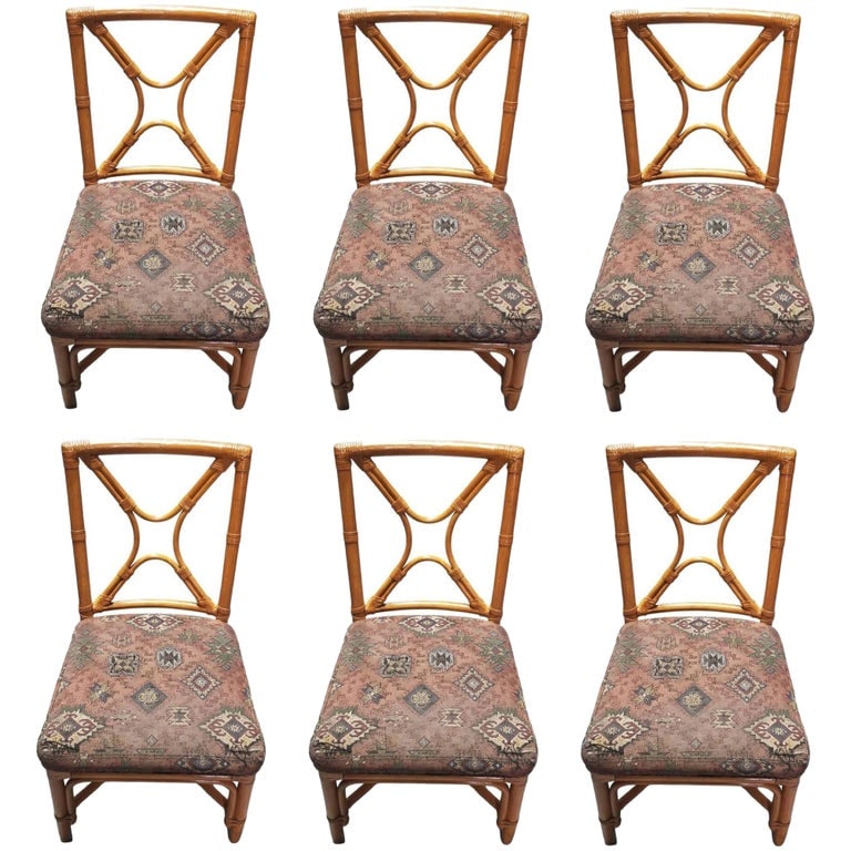 Restored Rattan set of 6 Dining Chairs Featuring X-back and Leather Wrappings. - 2
