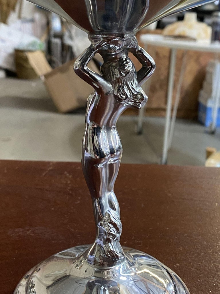 Chrome Farberware Nude Women Art Deco Compote w/ Amber Glass Cup - 10