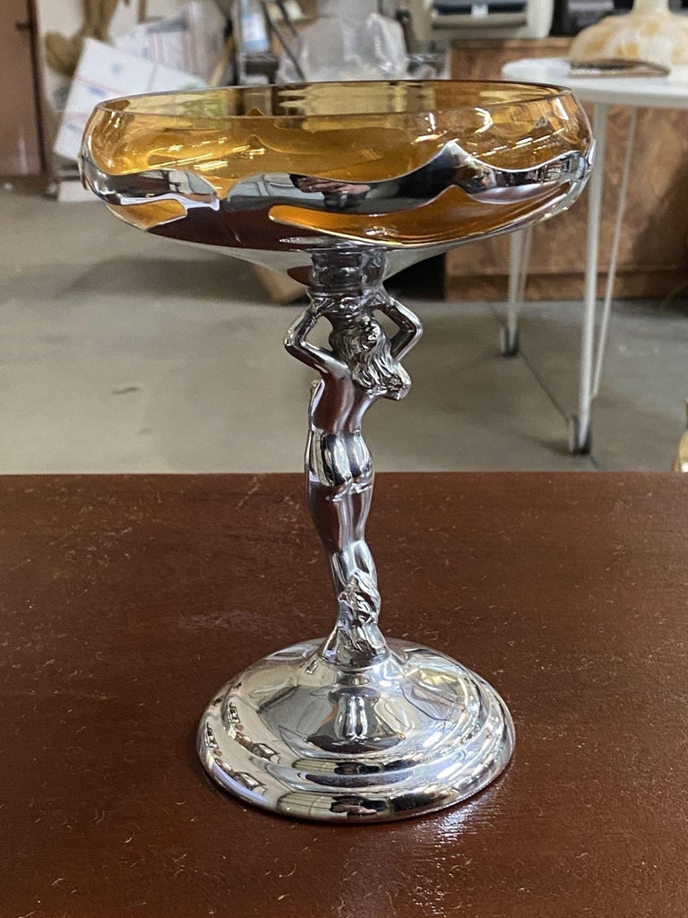 Chrome Farberware Nude Women Art Deco Compote w/ Amber Glass Cup - 11