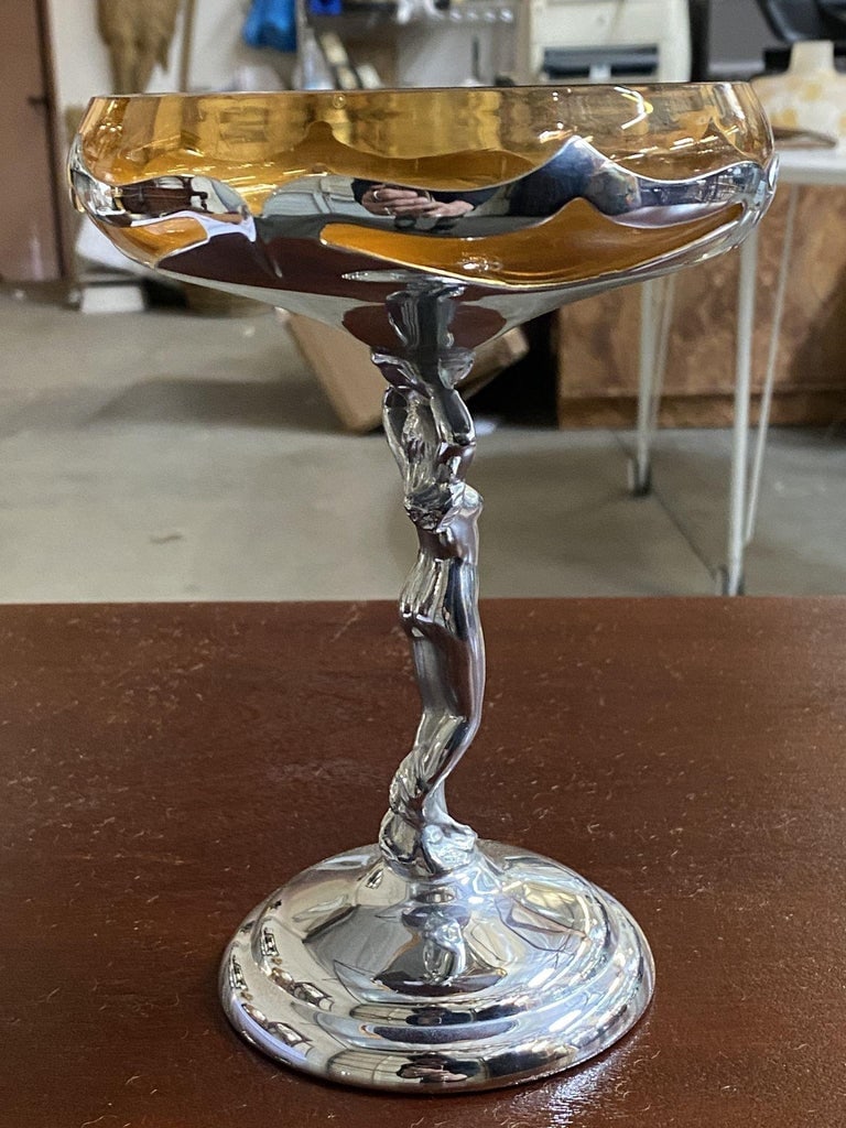 Chrome Farberware Nude Women Art Deco Compote w/ Amber Glass Cup - 12