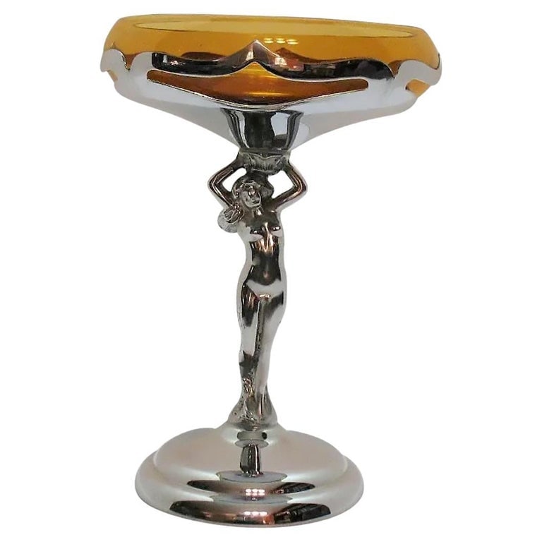 Chrome Farberware Nude Women Art Deco Compote w/ Amber Glass Cup - 2