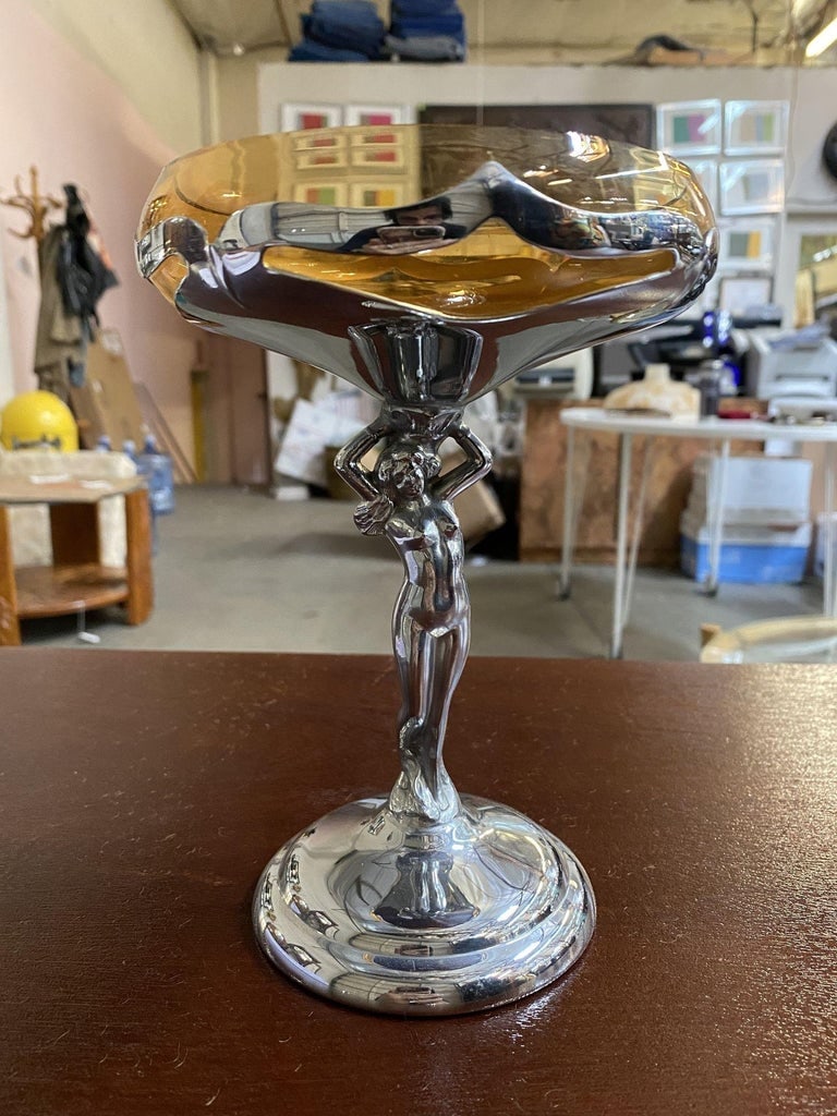 Chrome Farberware Nude Women Art Deco Compote w/ Amber Glass Cup - 3