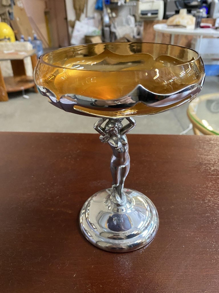 Chrome Farberware Nude Women Art Deco Compote w/ Amber Glass Cup - 4