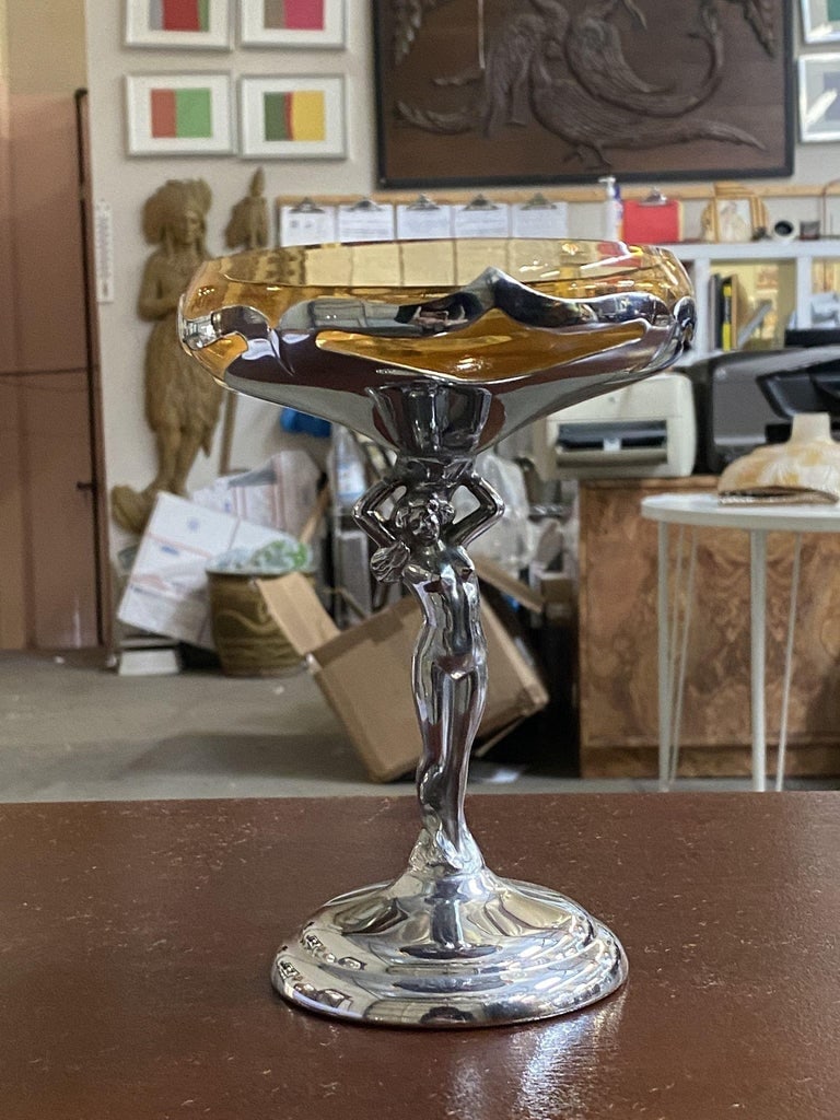 Chrome Farberware Nude Women Art Deco Compote w/ Amber Glass Cup - 6