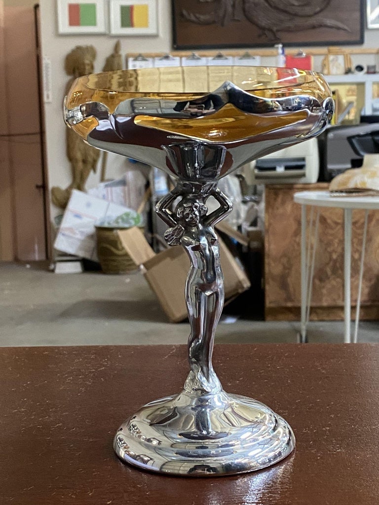Chrome Farberware Nude Women Art Deco Compote w/ Amber Glass Cup - 7