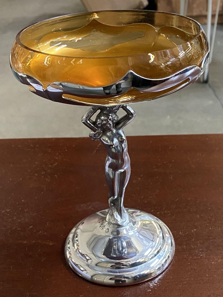 Chrome Farberware Nude Women Art Deco Compote w/ Amber Glass Cup - 8