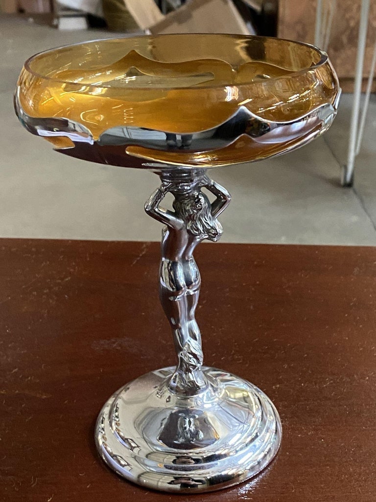 Chrome Farberware Nude Women Art Deco Compote w/ Amber Glass Cup - 9