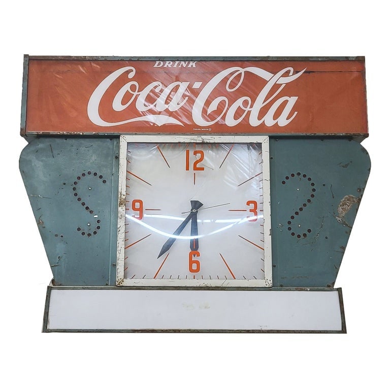Large 4' Foot Coca-Cola Light Up Steel Marquee Clock, Circa 1960 - 2