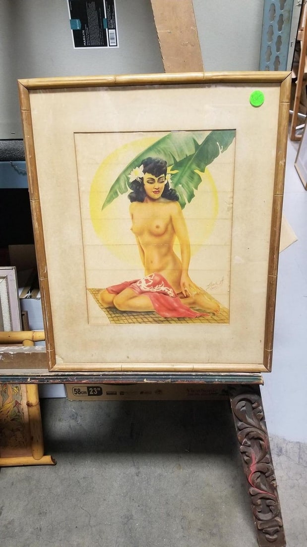 Hawaiian Airbrush Nude on Paper by Mundorff Honolulu in Bamboo Frame, 1945 - 3