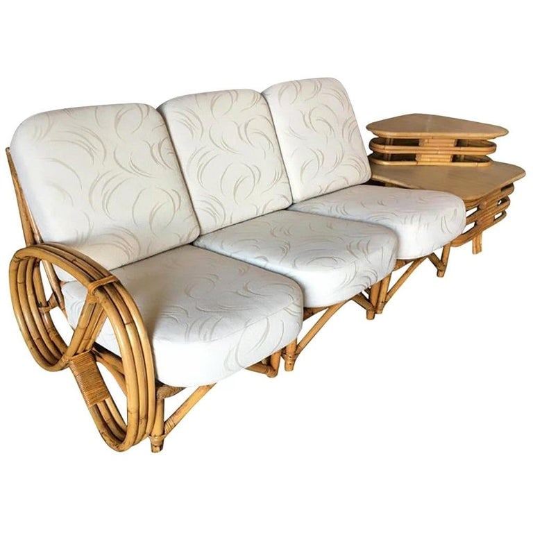 Restored 3/4 Pretzel Rattan 3-Seat Sectional Sofa w/ 2-Tier Side Table - 2