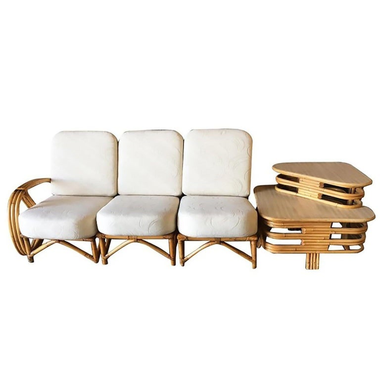 Restored 3/4 Pretzel Rattan 3-Seat Sectional Sofa w/ 2-Tier Side Table - 3